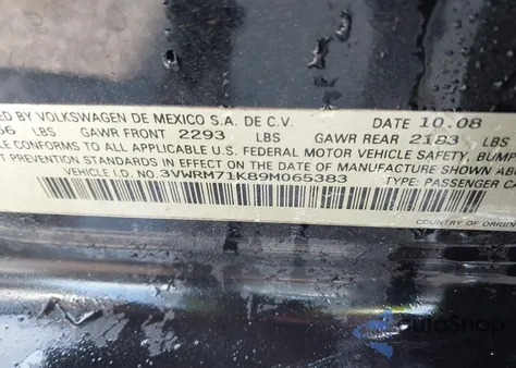 2009 Volkswagen Jetta Se/Sel from USA, damaged, VIN 3VWRM71K89M065383